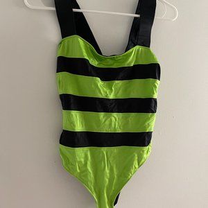 Fendi One Piece Swimsuit Black with Neon Green Stripes Size 42